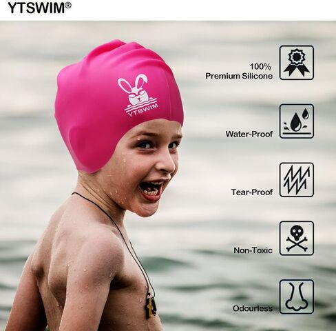 YTSWIM Kids Swim Caps for Girls, Boys, Baby, Toddler Swim Cap for Long Hair, Braids, Dreadlocks, Large Waterproof Silicone Swim Hat for Child 6-14 in Saudi Arabia