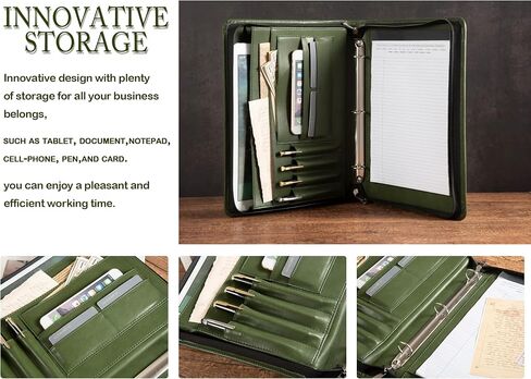 AZXCG Padfolio for Women, 3 Ring Binder Business Portfolio, Vegan Leather Zipper Binder Portfolio Folio, Document Notebook Organizer with A4 Clipboard Folder, Gift for Men, Brown in Kuwait