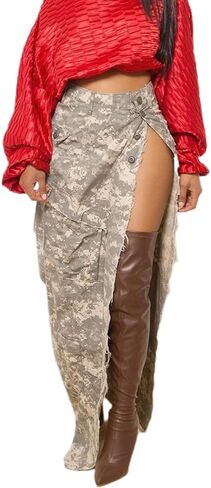 THLAI Women Midi Skirt Camo Cargo Skirt for Women Sexy High Split Skirt Maxi Skirts Novelty Skirts in Saudi Arabia
