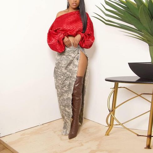 THLAI Women Midi Skirt Camo Cargo Skirt for Women Sexy High Split Skirt Maxi Skirts Novelty Skirts in Saudi Arabia