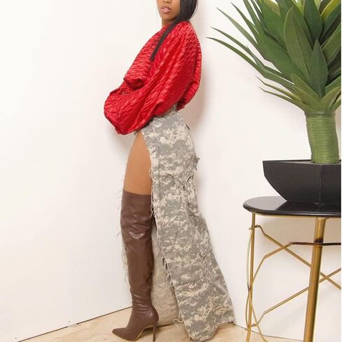 THLAI Women Midi Skirt Camo Cargo Skirt for Women Sexy High Split Skirt Maxi Skirts Novelty Skirts in Saudi Arabia