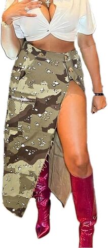 THLAI Women Midi Skirt Camo Cargo Skirt for Women Sexy High Split Skirt Maxi Skirts Novelty Skirts in Saudi Arabia