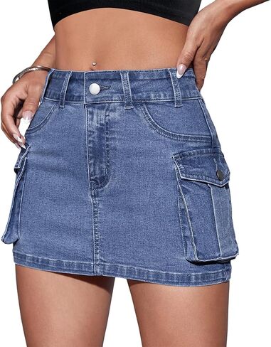 التنانير النسائية الصغيرة البضائع Y2k تنورة الدنيم القصيرة مع جيوب منخفضة الخصر زر جان التنانير in Kuwait