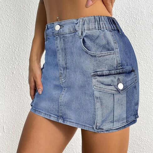 التنانير النسائية الصغيرة البضائع Y2k تنورة الدنيم القصيرة مع جيوب منخفضة الخصر زر جان التنانير in Kuwait