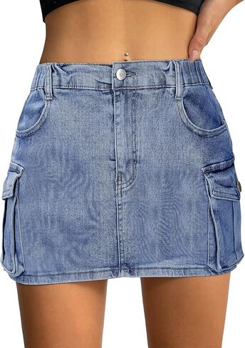 التنانير النسائية الصغيرة البضائع Y2k تنورة الدنيم القصيرة مع جيوب منخفضة الخصر زر جان التنانير in Kuwait