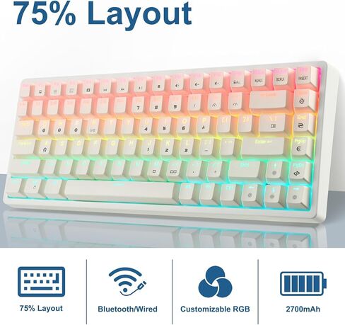 HUO JI Wireless Mechanical Gaming Keyboard, Programmable RGB Backlit, Bluetooth 5.0, Blue Switches, 84 Keys, Wired 75% Keyboard for iPad, iMac Android/Windows Tablet Laptop Desktop, White in Kuwait