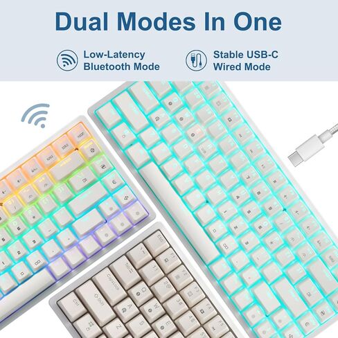 HUO JI Wireless Mechanical Gaming Keyboard, Programmable RGB Backlit, Bluetooth 5.0, Blue Switches, 84 Keys, Wired 75% Keyboard for iPad, iMac Android/Windows Tablet Laptop Desktop, White in Kuwait