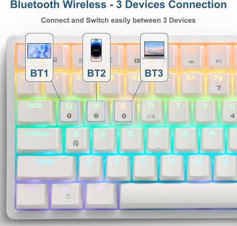 HUO JI Wireless Mechanical Gaming Keyboard, Programmable RGB Backlit, Bluetooth 5.0, Blue Switches, 84 Keys, Wired 75% Keyboard for iPad, iMac Android/Windows Tablet Laptop Desktop, White in Kuwait