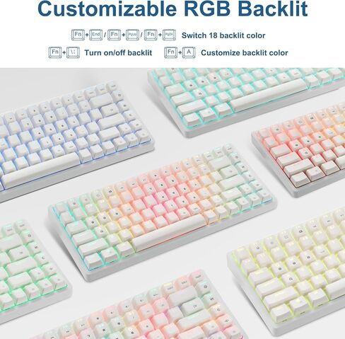 HUO JI Wireless Mechanical Gaming Keyboard, Programmable RGB Backlit, Bluetooth 5.0, Blue Switches, 84 Keys, Wired 75% Keyboard for iPad, iMac Android/Windows Tablet Laptop Desktop, White in Kuwait