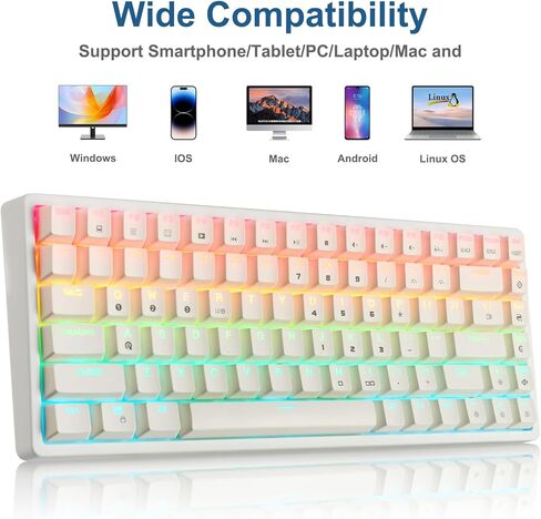HUO JI Wireless Mechanical Gaming Keyboard, Programmable RGB Backlit, Bluetooth 5.0, Blue Switches, 84 Keys, Wired 75% Keyboard for iPad, iMac Android/Windows Tablet Laptop Desktop, White in Kuwait