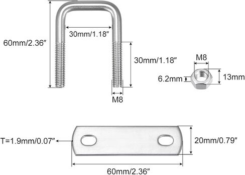 مسامير Uxcell مربعة على شكل حرف U، مجموعتان 52 مم (2.05 بوصة) العرض الداخلي 50 مم طول M8 304 مسمار مشبك على شكل حرف U من الفولاذ المقاوم للصدأ مع صواميل وألواح، لمقطورة القارب in Saudi Arabia