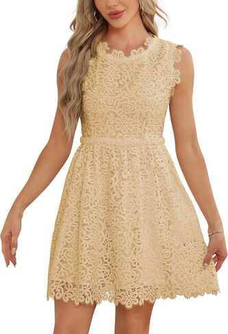 Women's lace Trimmings Floral Pattern Mini Dress Round Neck Sleeveless Cocktail A-Line Dress in Saudi Arabia