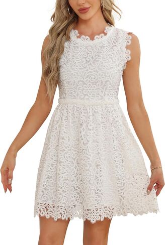 Women's lace Trimmings Floral Pattern Mini Dress Round Neck Sleeveless Cocktail A-Line Dress in Saudi Arabia