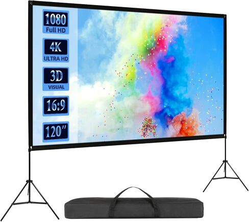 شاشة عرض مع حامل، شاشة عرض محمولة مقاس 120 بوصة للاستخدام الخارجي والداخلي وخالية من التجاعيد بنسبة 16:9 بدقة 4K HD وشاشة أفلام أمامية خلفية مع حقيبة حمل للمسرح المنزلي في الفناء الخلفي والسفر ليلاً in Kuwait