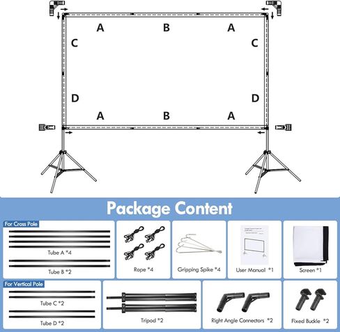 شاشة عرض مع حامل، شاشة عرض محمولة مقاس 120 بوصة للاستخدام الخارجي والداخلي وخالية من التجاعيد بنسبة 16:9 بدقة 4K HD وشاشة أفلام أمامية خلفية مع حقيبة حمل للمسرح المنزلي في الفناء الخلفي والسفر ليلاً in Kuwait