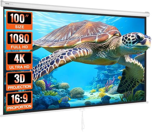 شاشة عرض VEVOR يدوية قابلة للسحب، 100 بوصة 16:9 4K 1080 HD شاشة عرض قابلة للسحب، شاشة عرض محمولة بقفل تلقائي، شاشة عرض أفلام محمولة لمسرح المكتب المنزلي العائلي in Kuwait