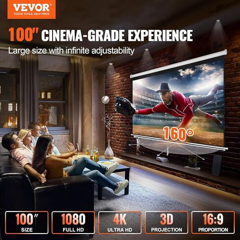 شاشة عرض VEVOR يدوية قابلة للسحب، 100 بوصة 16:9 4K 1080 HD شاشة عرض قابلة للسحب، شاشة عرض محمولة بقفل تلقائي، شاشة عرض أفلام محمولة لمسرح المكتب المنزلي العائلي in Kuwait
