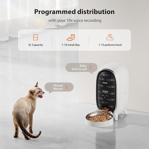 Timed Automatic Cat Feeder with Fully Enclosed Freshness Chamber 3L Cat Food Dispenser Battery-Operated with 180-Day Battery Life Up to 6 Meals 90 Portions Per Day 10S Voice Record in Saudi Arabia