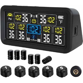 Rv Tire Pressure Monitoring System, Tire Pressure Monitor with Solar/USB Charge, 0-9.9BAR/144PSI TPMS with 6 Sensors & 6 Alarm Modes, Real-time 4" Color LCD Display for RV Trailer Truck SUV in Saudi Arabia