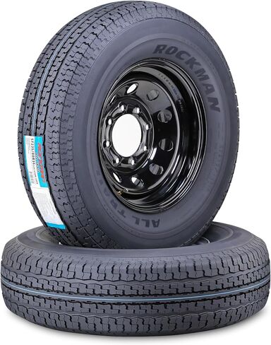 مجموعة عجلات إطارات ROCKMAN للمقطورة ST205/75R15 10 طبقات E 111M شديدة التحمل 2400 رطل مع 5 عروة على حافة PCD سوداء مقاس 4.5 بوصة، مجموعة 2 in Kuwait
