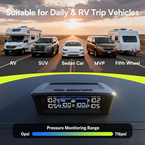 نظام مراقبة ضغط الإطارات Tymate TM12 RV، TPMS مع USB/شحن بالطاقة الشمسية، أحدث إصدار لعام 2026، مجموعة من 4 أجهزة استشعار (بحد أقصى. 12)، 6 أوضاع إنذار، نطاق 50 قدم، 0-144PSI لسيارة RV/سيدان/SUV/MPV/شاحنة/مركبة أقدم in Kuwait