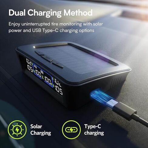 نظام مراقبة ضغط الإطارات Tymate TM12 RV، TPMS مع USB/شحن بالطاقة الشمسية، أحدث إصدار لعام 2026، مجموعة من 4 أجهزة استشعار (بحد أقصى. 12)، 6 أوضاع إنذار، نطاق 50 قدم، 0-144PSI لسيارة RV/سيدان/SUV/MPV/شاحنة/مركبة أقدم in Kuwait