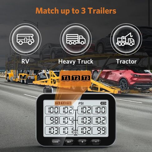 GUTA Trailer Tire Pressure Monitoring System, RV TPMS with 10 Sensors, 6 Alert Modes, Signal Booster, Power Saving Display, Long Sensing Distance, for 3 Trailers (T1/T2/T3), for Camper, Motor Homes in Kuwait