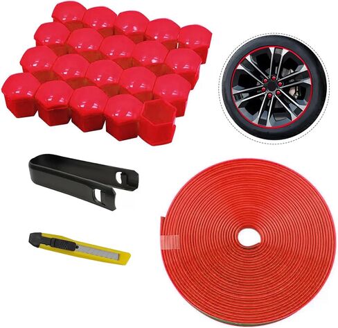 20 قطعة من أغطية صواميل الفينيل ومجموعة شريط تقليم محور العجلة المطاطية بطول 26 قدمًا - أغطية صواميل محور عالمية وواقي حافة مزخرف لصواميل 21 مم، مع أداة تركيب، ألوان متعددة (أسود، 21 مم) in Kuwait