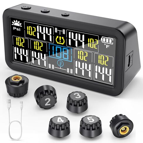 GEARGO 𝟐𝟎𝟐𝟔 𝐔𝐩𝐠𝐫𝐚𝐝𝐞𝐝 نظام مراقبة ضغط الإطارات، TPMS مع شحن مزدوج بالطاقة الشمسية وUSB-C، 6 أجهزة استشعار خارجية (0-99 رطل لكل بوصة مربعة)، 6 أوضاع إنذار، شاشة LCD ملونة لمركبات RV/مقطورة/شاحنة/SUV in Kuwait