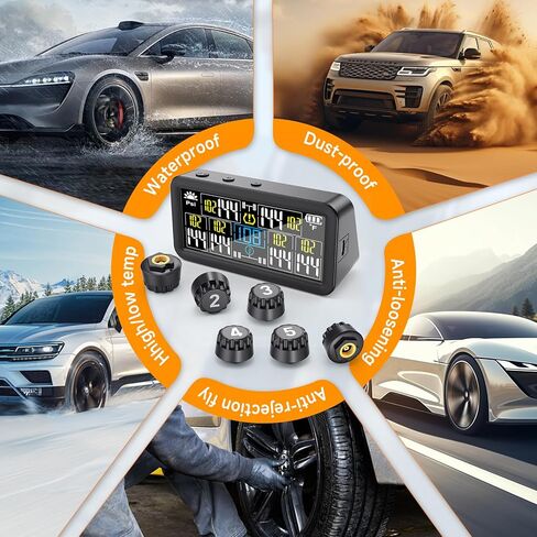 GEARGO 𝟐𝟎𝟐𝟔 𝐔𝐩𝐠𝐫𝐚𝐝𝐞𝐝 نظام مراقبة ضغط الإطارات، TPMS مع شحن مزدوج بالطاقة الشمسية وUSB-C، 6 أجهزة استشعار خارجية (0-99 رطل لكل بوصة مربعة)، 6 أوضاع إنذار، شاشة LCD ملونة لمركبات RV/مقطورة/شاحنة/SUV in Kuwait