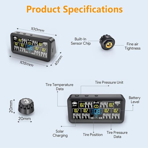 GEARGO 𝟐𝟎𝟐𝟔 𝐔𝐩𝐠𝐫𝐚𝐝𝐞𝐝 نظام مراقبة ضغط الإطارات، TPMS مع شحن مزدوج بالطاقة الشمسية وUSB-C، 6 أجهزة استشعار خارجية (0-99 رطل لكل بوصة مربعة)، 6 أوضاع إنذار، شاشة LCD ملونة لمركبات RV/مقطورة/شاحنة/SUV in Kuwait
