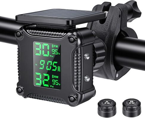 Motorcycle Tire Pressure Monitoring Alarm System with Solar Charge, Motorcycle TPMS with 2 External Sensors, LCD Digital Display, USB Charging, Motorbike Tyre Temperature Alarm in Kuwait
