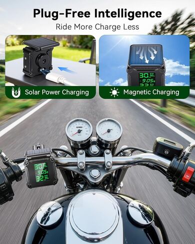 Motorcycle Tire Pressure Monitoring Alarm System with Solar Charge, Motorcycle TPMS with 2 External Sensors, LCD Digital Display, USB Charging, Motorbike Tyre Temperature Alarm in Kuwait