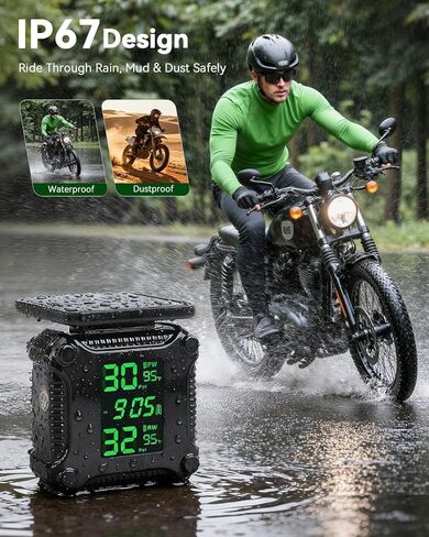 Motorcycle Tire Pressure Monitoring Alarm System with Solar Charge, Motorcycle TPMS with 2 External Sensors, LCD Digital Display, USB Charging, Motorbike Tyre Temperature Alarm in Kuwait