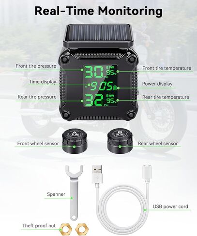 Motorcycle Tire Pressure Monitoring Alarm System with Solar Charge, Motorcycle TPMS with 2 External Sensors, LCD Digital Display, USB Charging, Motorbike Tyre Temperature Alarm in Kuwait