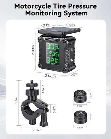 Motorcycle Tire Pressure Monitoring Alarm System with Solar Charge, Motorcycle TPMS with 2 External Sensors, LCD Digital Display, USB Charging, Motorbike Tyre Temperature Alarm in Kuwait