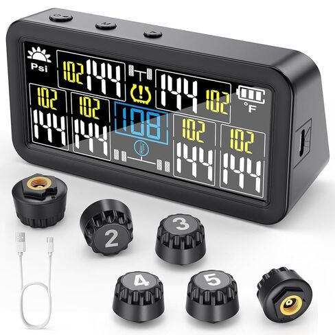 GEARGO 𝟐𝟎𝟐𝟔 𝐔𝐩𝐠𝐫𝐚𝐝𝐞𝐝 نظام مراقبة ضغط الإطارات، TPMS مع شحن مزدوج بالطاقة الشمسية وUSB-C، 4 أجهزة استشعار خارجية (0-99 رطل لكل بوصة مربعة)، 6 أوضاع إنذار، شاشة LCD ملونة لمركبات RV/مقطورة/شاحنة/SUV in Kuwait