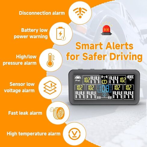 GEARGO 𝟐𝟎𝟐𝟔 𝐔𝐩𝐠𝐫𝐚𝐝𝐞𝐝 نظام مراقبة ضغط الإطارات، TPMS مع شحن مزدوج بالطاقة الشمسية وUSB-C، 4 أجهزة استشعار خارجية (0-99 رطل لكل بوصة مربعة)، 6 أوضاع إنذار، شاشة LCD ملونة لمركبات RV/مقطورة/شاحنة/SUV in Kuwait