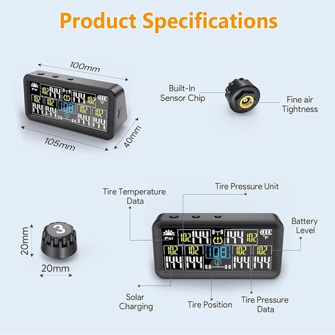 GEARGO 𝟐𝟎𝟐𝟔 𝐔𝐩𝐠𝐫𝐚𝐝𝐞𝐝 نظام مراقبة ضغط الإطارات، TPMS مع شحن مزدوج بالطاقة الشمسية وUSB-C، 4 أجهزة استشعار خارجية (0-99 رطل لكل بوصة مربعة)، 6 أوضاع إنذار، شاشة LCD ملونة لمركبات RV/مقطورة/شاحنة/SUV in Kuwait