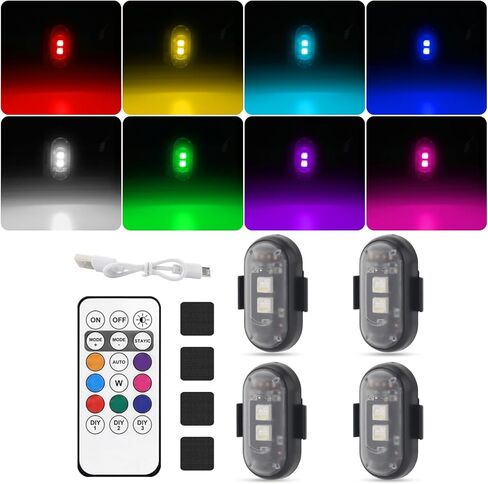 2PCS Wireless LED Strobe Lights with Remote Control，8 Colors IP65 Waterproof Anti-Collision USB Charing Led Warning Lights for Car Drone Truck Motorcycle Aircraft Bike in Saudi Arabia