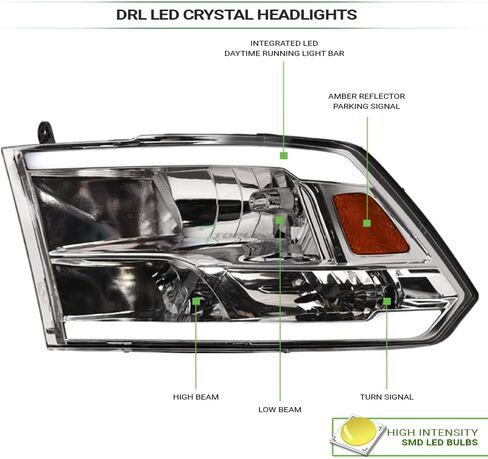 DRL LED شريط أنبوبي بار كروم الإسكان كريستال المصابيح الأمامية إشارة مصابيح العنبر عاكس nb متوافق مع 09-18 دودج رام 1500 / 19-24 كلاسيكي / 10-18 2500 3500 in Kuwait