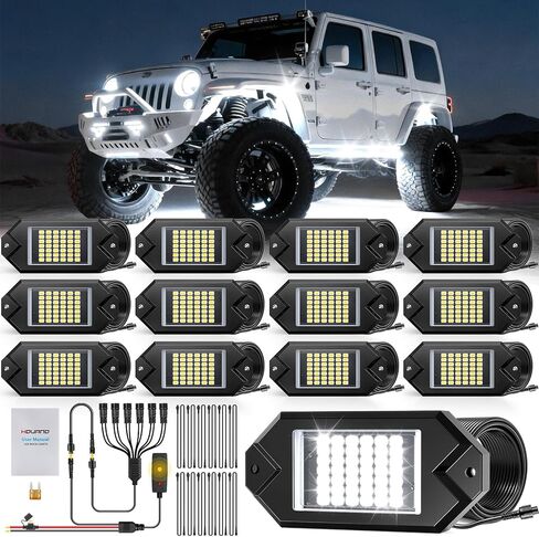 Hovano 12Pods Aluminum White Rock Lights Kits with Extension Wires,6000K Pure White Color 42 LED Super Bright Chips IP68 Waterproof Underglow Kit for Trucks SUV ATV UTV Golf Plug and Play 12V-24V in Kuwait