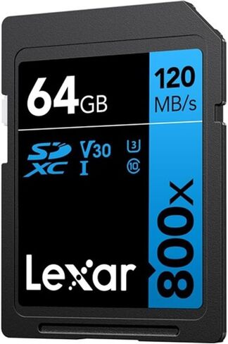 Lexar SDXC عالي الأداء 64 جيجابايت 800x UHS-I Series BLUE، الفئة 10، U3، V30، لتسجيل فيديو 4K، سرعة نقل عالية، أسود/أزرق in Saudi Arabia