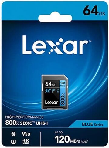 Lexar SDXC عالي الأداء 64 جيجابايت 800x UHS-I Series BLUE، الفئة 10، U3، V30، لتسجيل فيديو 4K، سرعة نقل عالية، أسود/أزرق in Saudi Arabia