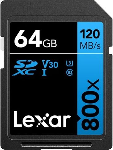 Lexar SDXC عالي الأداء 64 جيجابايت 800x UHS-I Series BLUE، الفئة 10، U3، V30، لتسجيل فيديو 4K، سرعة نقل عالية، أسود/أزرق in Saudi Arabia