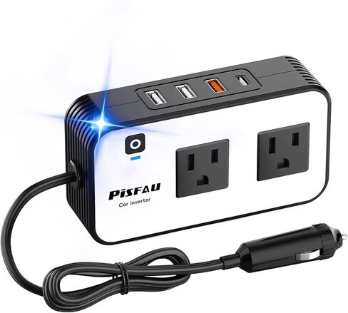 محول طاقة السيارة 200 وات، مخرج محول قابس السيارة PiSFAU DC 12 فولت إلى 110 فولت تيار متردد مع [20 وات USB-C] / شاحن USB سريع (18 وات) / 4.8 أمبير شاحن USB/سيارة مزدوج لأجهزة الكمبيوتر المحمول in Kuwait