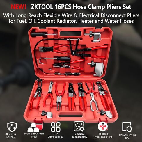 ZKTOOL 16PCS Hose Clamp Pliers Set, Professional Removal & Installation Tool Kit with Long Reach Flexible Wire & Electrical Disconnect Pliers for Fuel, Oil, Coolant Radiator, Heater and Water Hoses in Kuwait
