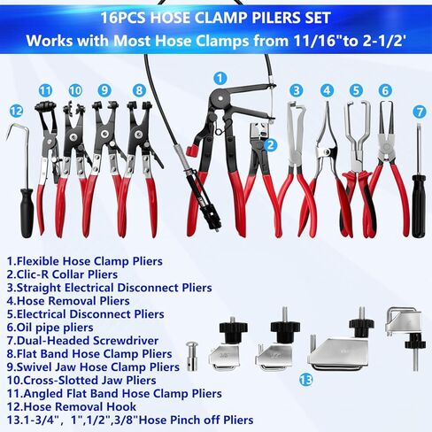 ZKTOOL 16PCS Hose Clamp Pliers Set, Professional Removal & Installation Tool Kit with Long Reach Flexible Wire & Electrical Disconnect Pliers for Fuel, Oil, Coolant Radiator, Heater and Water Hoses in Kuwait