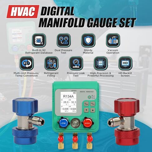 مقاييس رقمية متعددة، 92 مقياس تبريد HVAC، مجموعة قياس تيار متردد مع خراطيم، مجموعة قياس مبرد R22 R134a R410a مع واجهة SAE 1/4 بوصة، خطاف محمول in Kuwait