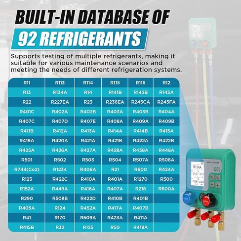 مقاييس رقمية متعددة، 92 مقياس تبريد HVAC، مجموعة قياس تيار متردد مع خراطيم، مجموعة قياس مبرد R22 R134a R410a مع واجهة SAE 1/4 بوصة، خطاف محمول in Kuwait